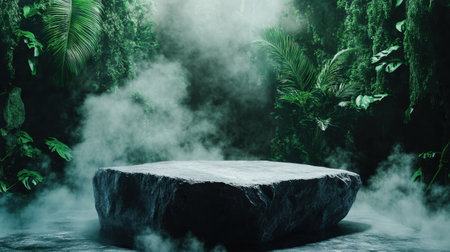 Misty stone podium in a lush, green environment with gentle fog, ideal for natural product displayの素材