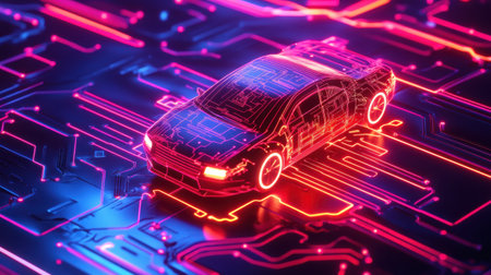 High-tech car navigating neon circuit board, emphasizing advancements in tech and automotive cybersecurityの素材