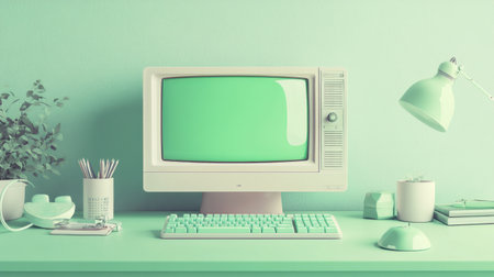 Pastel-colored vintage computer on mint green desk, green text glowing on screen, surrounded by retro gadgets, nostalgic feelの素材