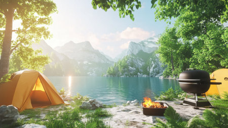 Relaxing lakeside setting with portable grill cooking food, surrounded by camping tents and lush greeneryの素材