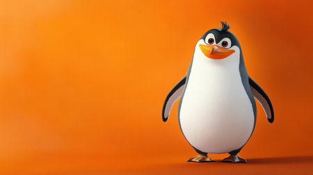 Playful penguin cartoon with a cheerful expression, set against an orange background, vibrant and fun illustrationの素材