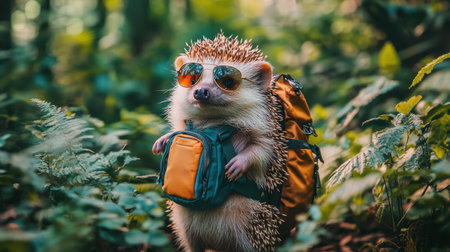 Quirky hedgehog in sunglasses and backpack, surrounded by greenery, embodying carefree forest explorationの素材