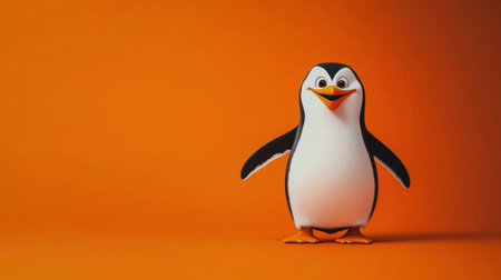 Playful penguin cartoon with a cheerful expression, set against an orange background, vibrant and fun illustrationの素材
