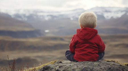 Small child looks out over desolate landscape, capturing themes of climate change and environmental awarenessの素材