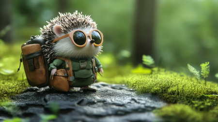 Quirky hedgehog in sunglasses and backpack, surrounded by greenery, embodying carefree forest explorationの素材