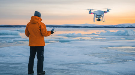 Professional engineer surveys frozen Arctic with drone, capturing technology in harsh, expansive natural environmentの素材