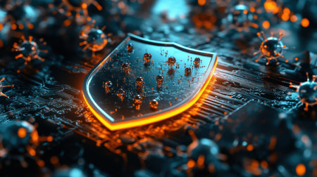 Shield deflecting Trojan virus in dramatic 3D scene, neon-lit background emphasizing data protection and safetyの素材
