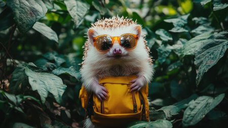 Quirky hedgehog in sunglasses and backpack, surrounded by greenery, embodying carefree forest explorationの素材