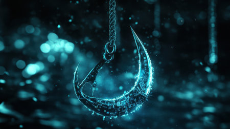 Stylized fishing hook with data caught on it, digital illustration symbolizing phishing attack with blue huesの素材
