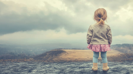Young child gazing over parched earth, empty land extending out, emphasizing future climate change effectsの素材