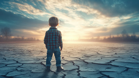 Young child staring at dry landscape, barren and cracked earth extending ahead, representing climate change impactの素材