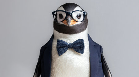 A distinguished penguin in a bowtie and spectacles, a playful portrait of intelligence.の素材