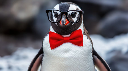 A dapper penguin in glasses and a red bowtie, giving a quirky and sophisticated vibe.の素材