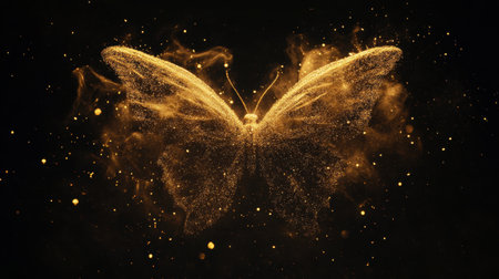 A butterfly at night with sparkling gold dust surrounding it, creating a magical, ethereal feel.の素材