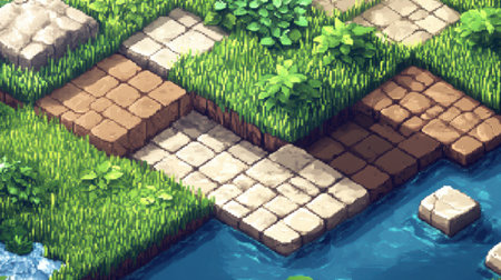Stylized blocky tileset in vibrant retro colors, with textures like stone, grass, and water, ideal for pixelated game backgroundsの素材
