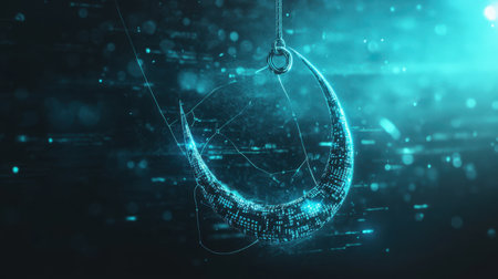 Stylized fishing hook with data caught on it, digital illustration symbolizing phishing attack with blue huesの素材