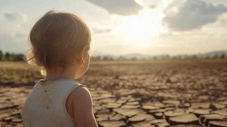 Young child staring at dry landscape, barren and cracked earth extending ahead, representing climate change impactの素材