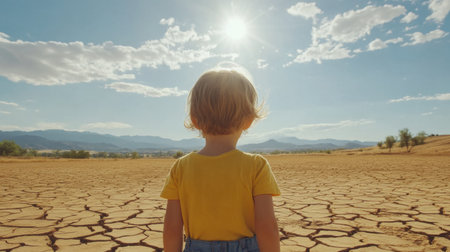 Young child staring at dry landscape, barren and cracked earth extending ahead, representing climate change impactの素材