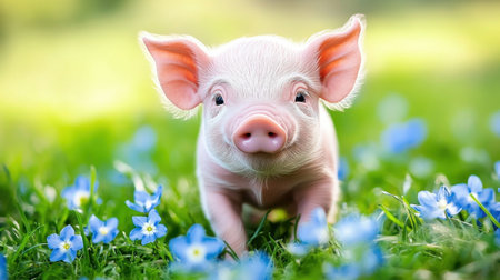Watercolor baby piglet with adorable expression in green grass, blue flowers adding gentle charm to sceneの素材
