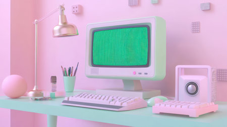Vintage computer with green text screen on a pastel mint desk, surrounded by retro accessories in warm lightingの素材