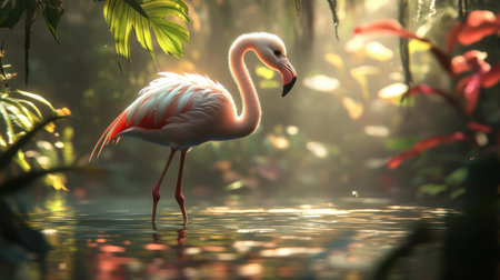 A cute baby flamingo in a clear lagoon, standing gracefully on one leg with vibrant foliage in the background.の素材