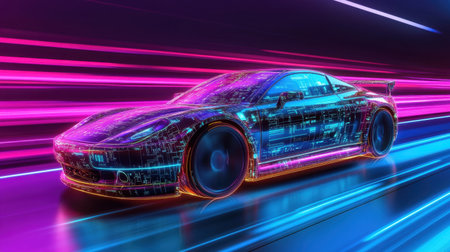 Sleek futuristic car traveling on neon circuit board pathways, representing automotive technology and digital securityの素材