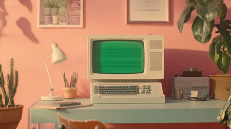 Vintage computer with green text screen on a pastel mint desk, surrounded by retro accessories in warm lightingの素材