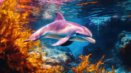 Watercolor style dolphin calf in vibrant underwater scene, resting near seaweed and bathed in lightの素材