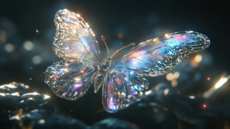 3D crystalline butterfly shimmering with colors on a dark background, elegant and mystical.の素材