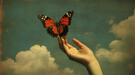 A hand gracefully releasing a butterfly against a soft cloud-strewn sky, symbolizing freedom and new beginnings.の素材