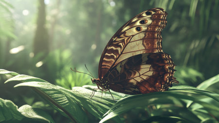 A large butterfly with detailed patterns sits on green foliage, light creating a peaceful ambiance.の素材