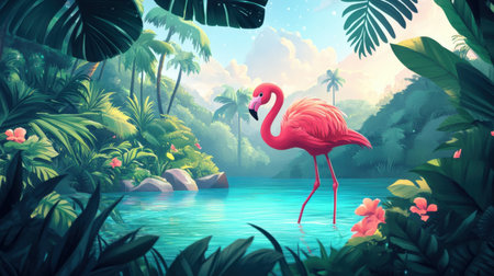 Baby flamingo illustration standing on one leg in a bright lagoon, surrounded by lush vegetation and clear water.の素材