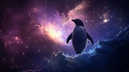 A penguin floating through a star-filled galaxy, cosmic colors and stars enhancing the mystery.の素材
