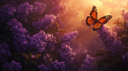 A sunset view from above, with a butterfly perched on purple blooms, surrounded by soft evening light.の素材