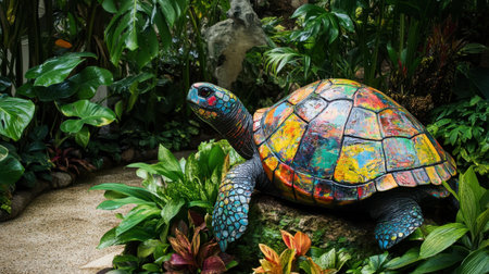 Artistic paint-splattered turtle in tropical setting, surrounded by lush greenery and exotic plants.の素材