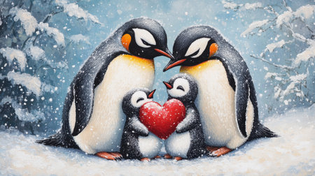 A penguin family huddled together in snowy landscape, showcasing love and warmth in the cold.の素材