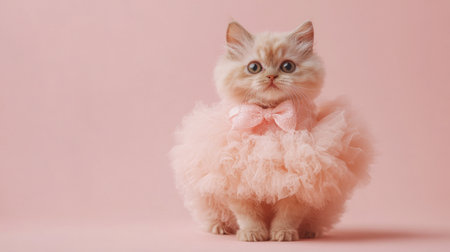 Adorable Selkirk Rex cat in princess attire, soft pink peach background, fancy and fluffy.の素材