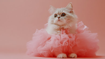 Adorable Selkirk Rex cat in princess attire, soft pink peach background, fancy and fluffy.の素材