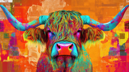 Abstract Scottish Highland cow, colorful horns in vibrant art style, playful and bold designの素材