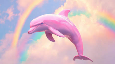 A magical pink dolphin jumps, rainbow shining in background, vibrant sky casting surreal glow.の素材