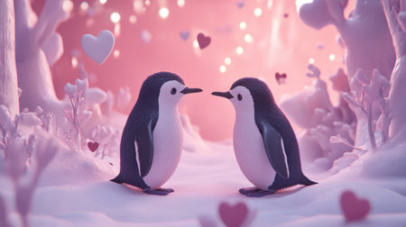 A pair of penguins in a wintery scene, facing each other, symbolizing Valentine romance.の素材