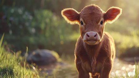 Adorable baby cow standing in a field, bathed in warm sunlight, serene and natural setting.の素材
