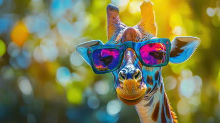 Artistic giraffe in funky glasses, surreal style with vibrant colors, inspired and humorous.の素材