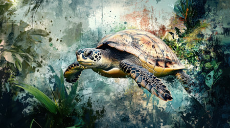 Artistic paint-splattered turtle in tropical setting, surrounded by lush greenery and exotic plants.の素材