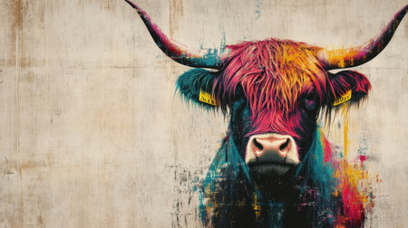 Artistic Highland cow with colorful horns, abstract style with bright hues against neutral backdrop.の素材