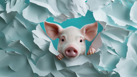Adorable pink pig peeking through torn paper, curious expression with snout and eyes visible.の素材