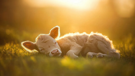 Baby cow in a sunlit field, soft light capturing gentle, peaceful moment in nature.の素材