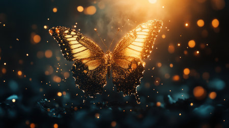 Butterfly glowing in golden dust against a dark background, surrounded by glistening stars.の素材