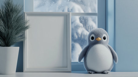 A white frame mockup on wall, cozy penguin doll near a frosted window, filled with winter atmosphere.の素材