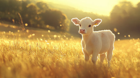 Adorable baby cow standing in a field, bathed in warm sunlight, serene and natural setting.の素材